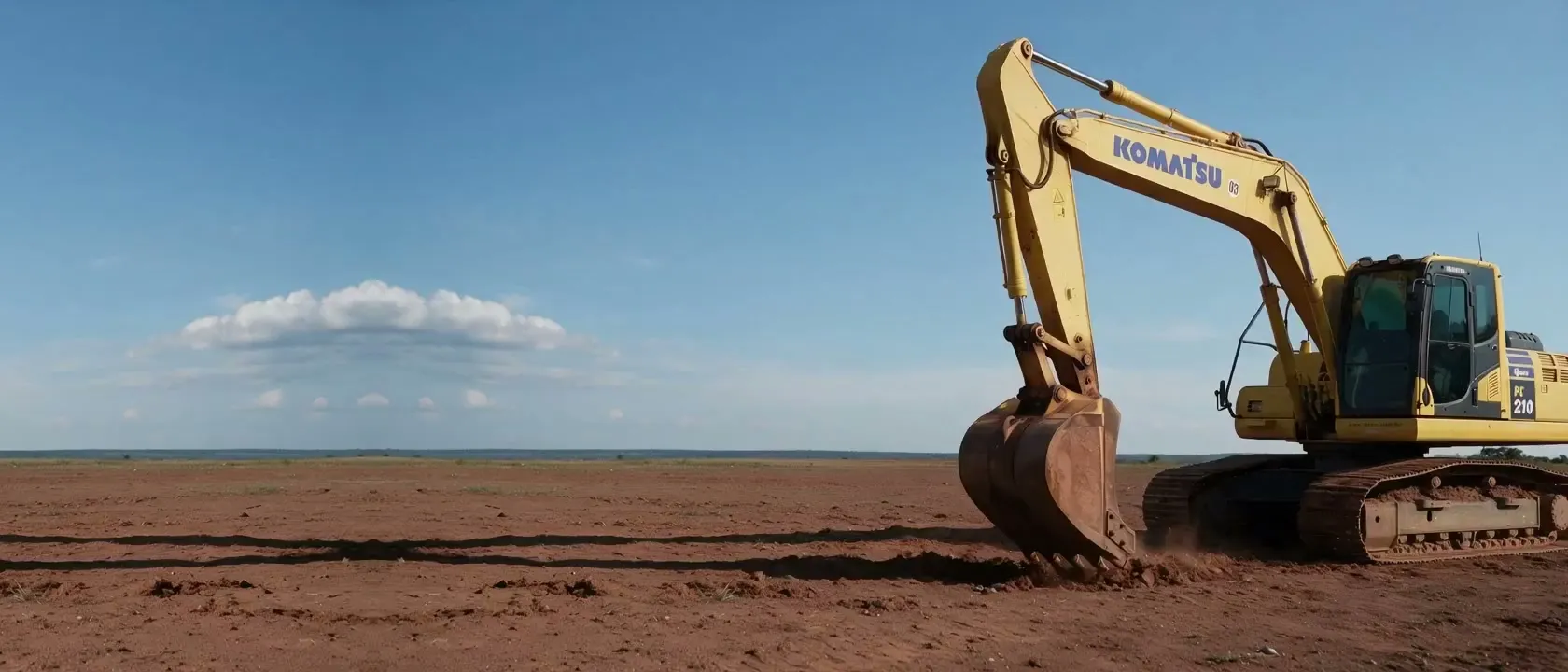 Escavadeira hidráulica Komatsu PC210 escavando em terreno de terra vermelha